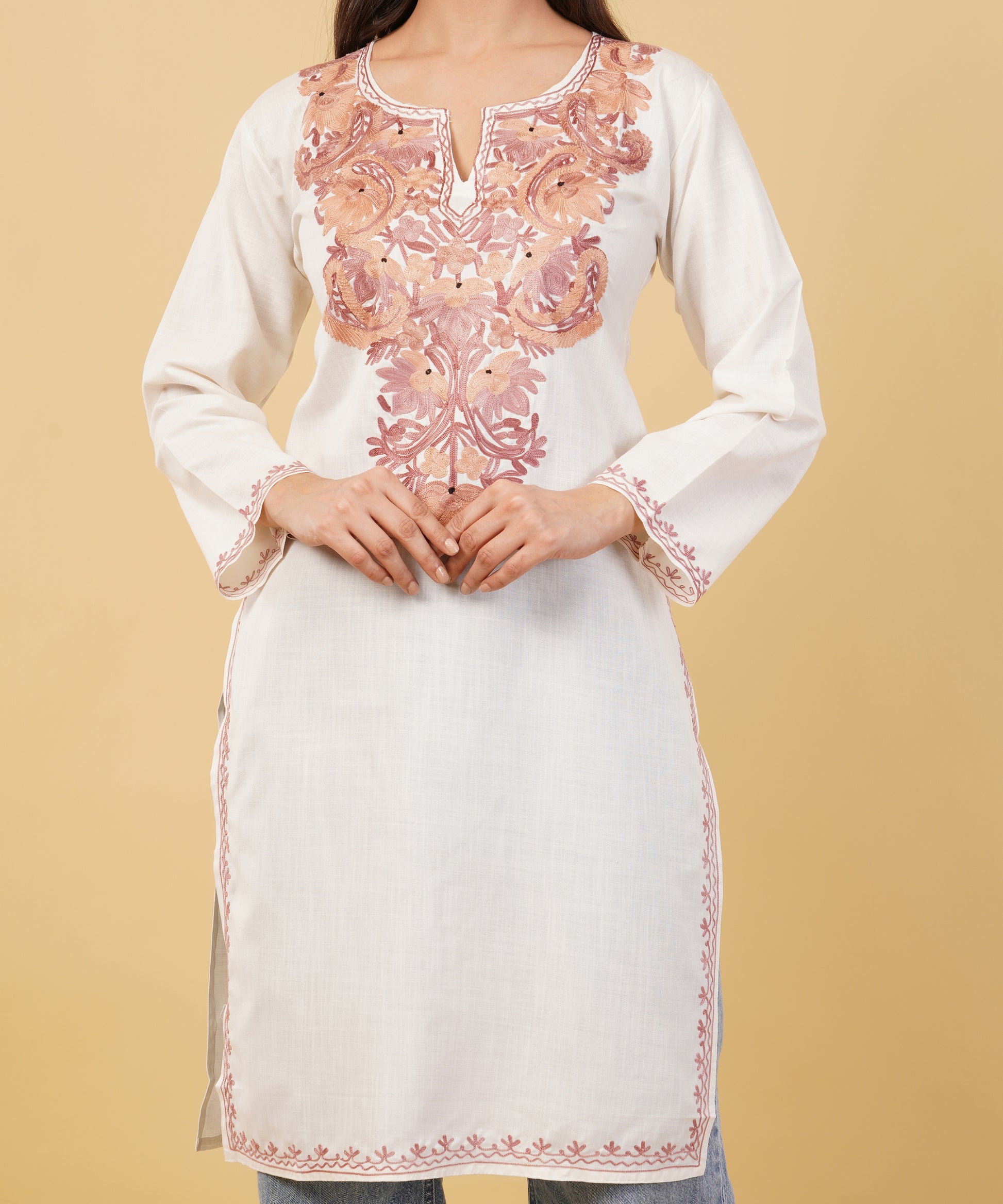 Kashmiri Aari embroidery Cotton Long Kurti Size-36 (White)