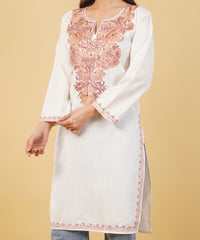 Kashmiri Aari embroidery Cotton Long Kurti Size-36 (White)