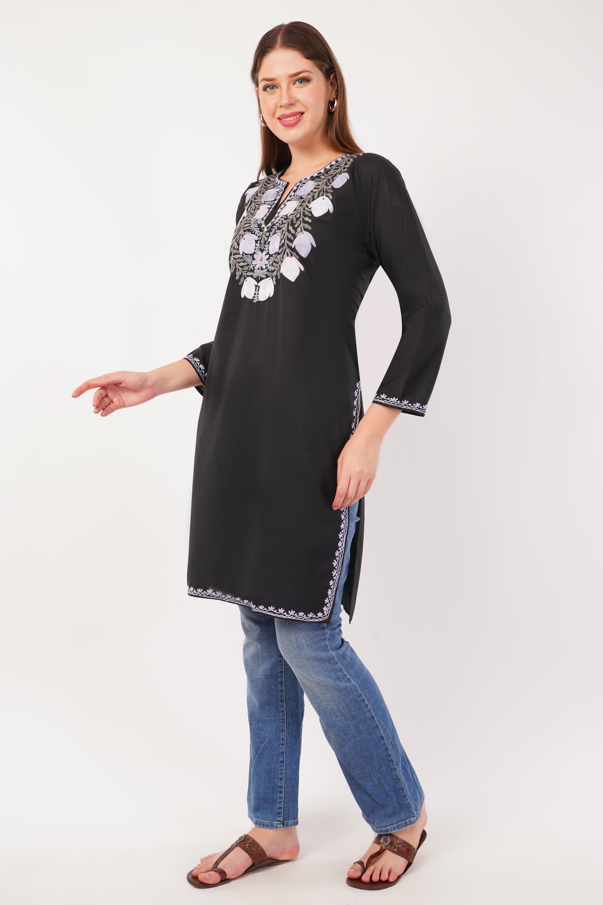 Kashmiri Aari embroidery Cotton Long Kurti Size-42 (Black)