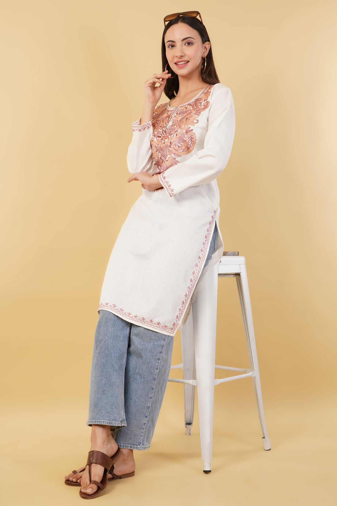 Kashmiri Aari embroidery Cotton Long Kurti Size-36 (White)
