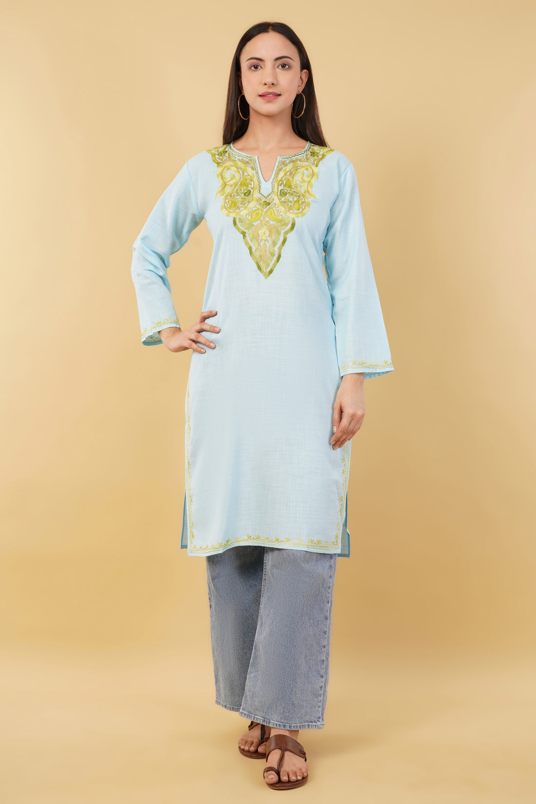 Kashmiri Aari embroidery Cotton Long Kurti Size-36 (Sky Blue)