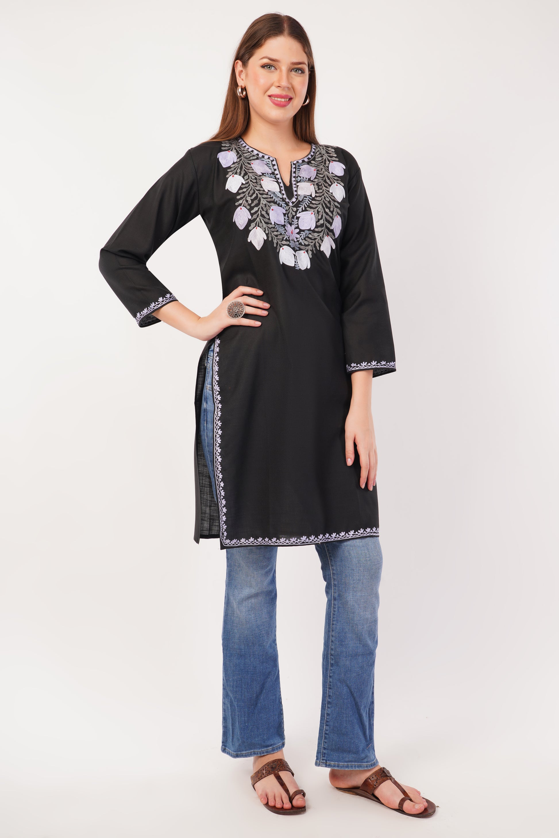 Kashmiri Aari embroidery Cotton Long Kurti Size-42 (Black)