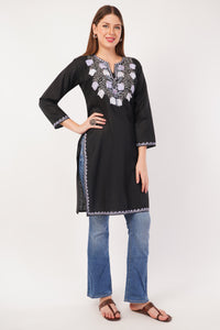 Kashmiri Aari embroidery Cotton Long Kurti Size-42 (Black)