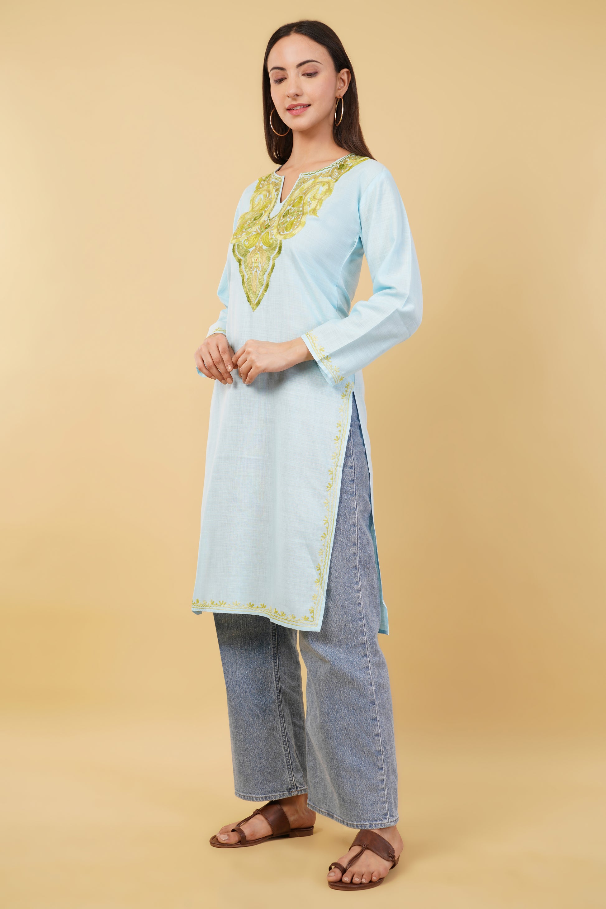Kashmiri Aari embroidery Cotton Long Kurti Size-36 (Sky Blue)