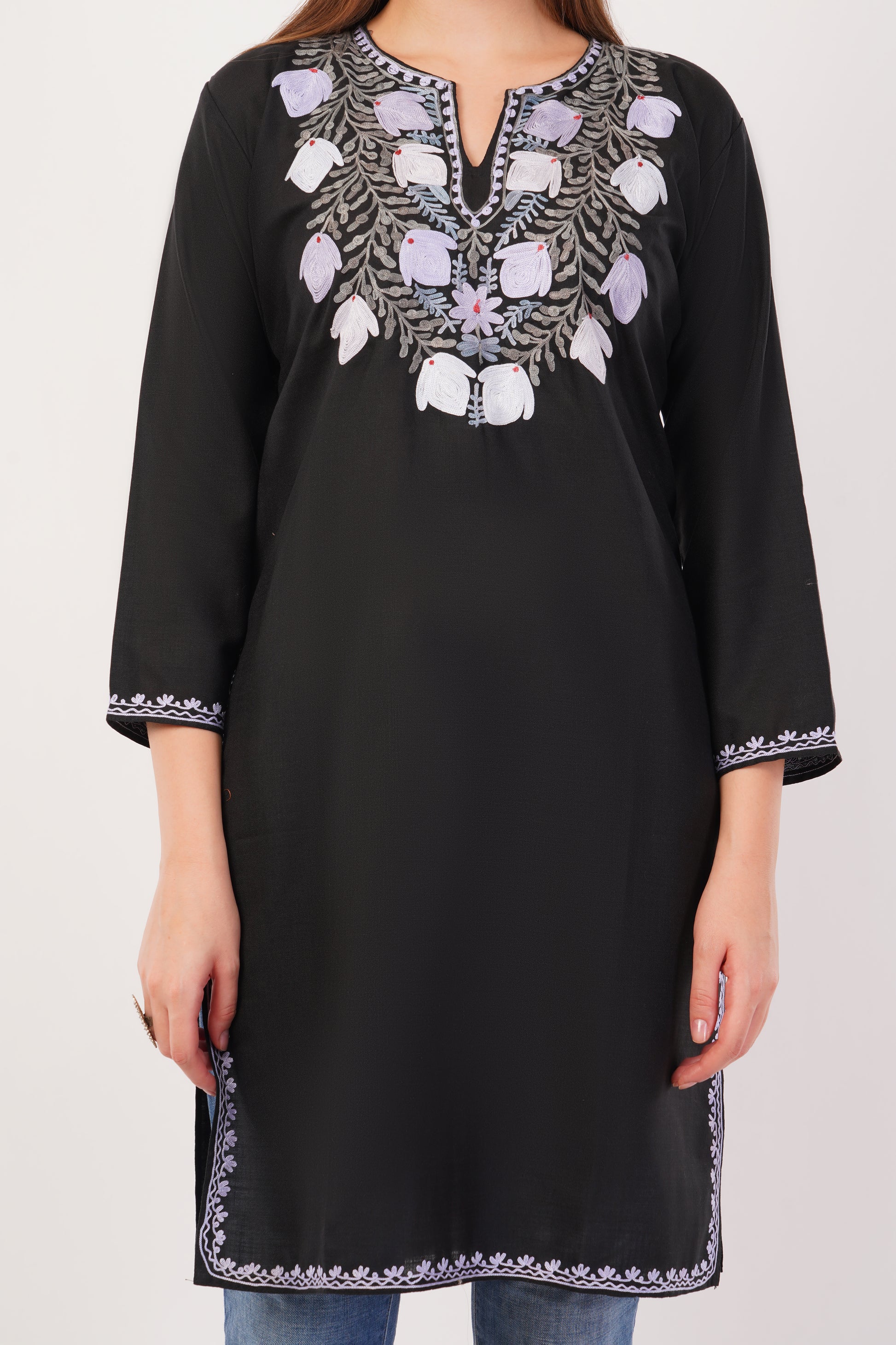 Kashmiri Aari embroidery Cotton Long Kurti Size-42 (Black)