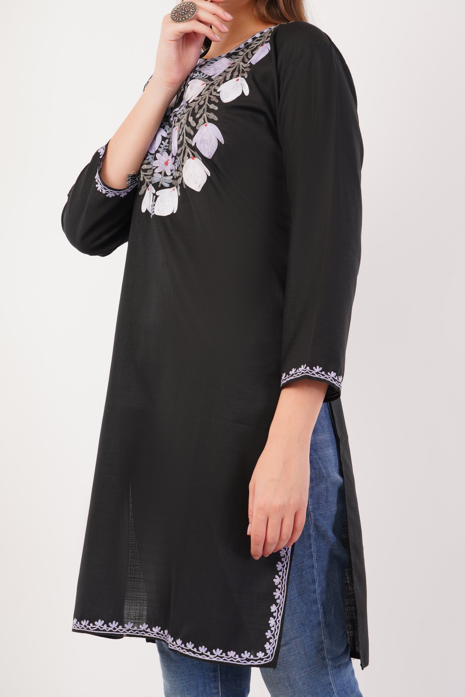 Kashmiri Aari embroidery Cotton Long Kurti Size-42 (Black)