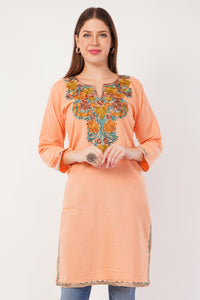 Kashmiri Aari embroidery Cotton Long Kurti Size-42 (Peach)