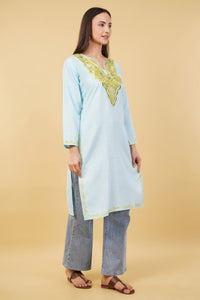 Kashmiri Aari embroidery Cotton Long Kurti Size-36 (Sky Blue)