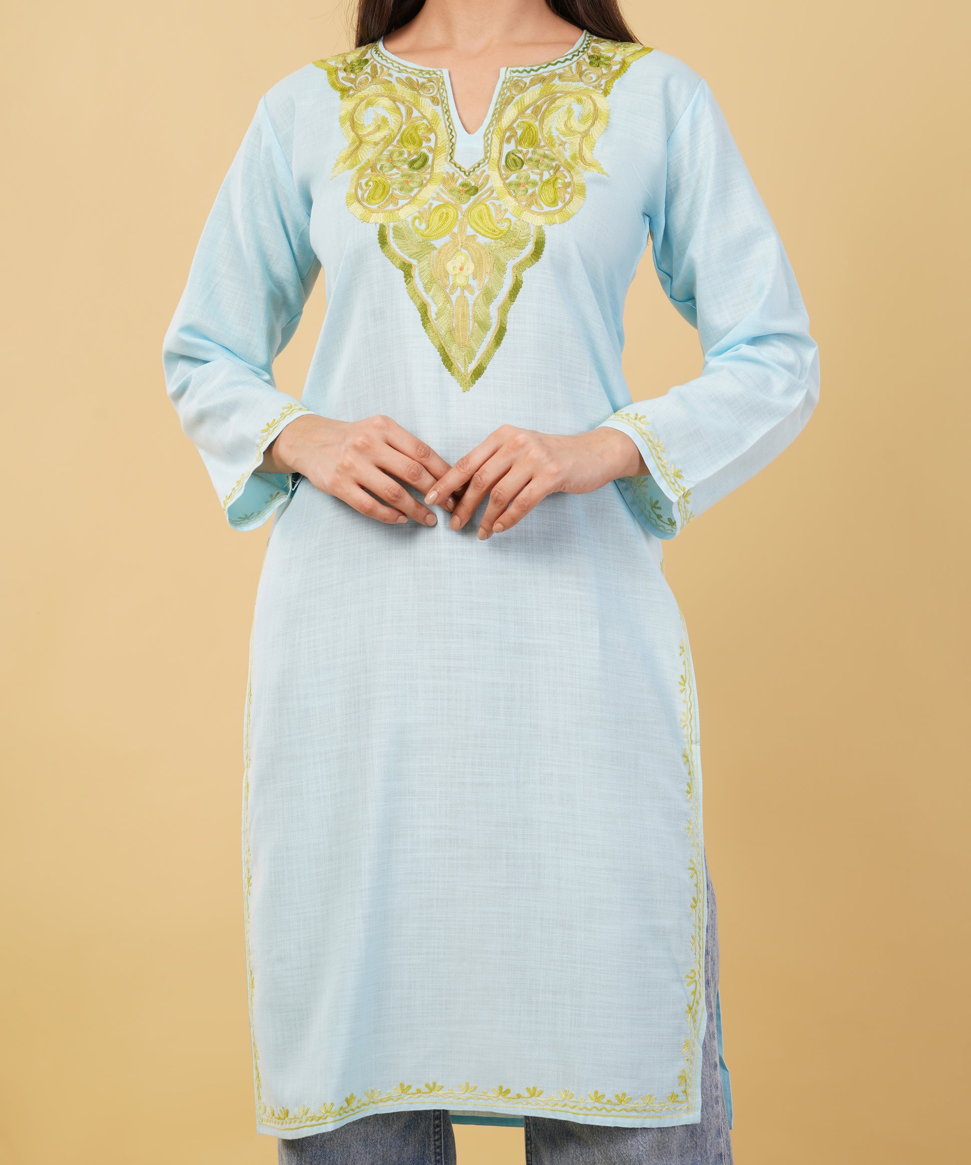 Kashmiri Aari embroidery Cotton Long Kurti Size-36 (Sky Blue)