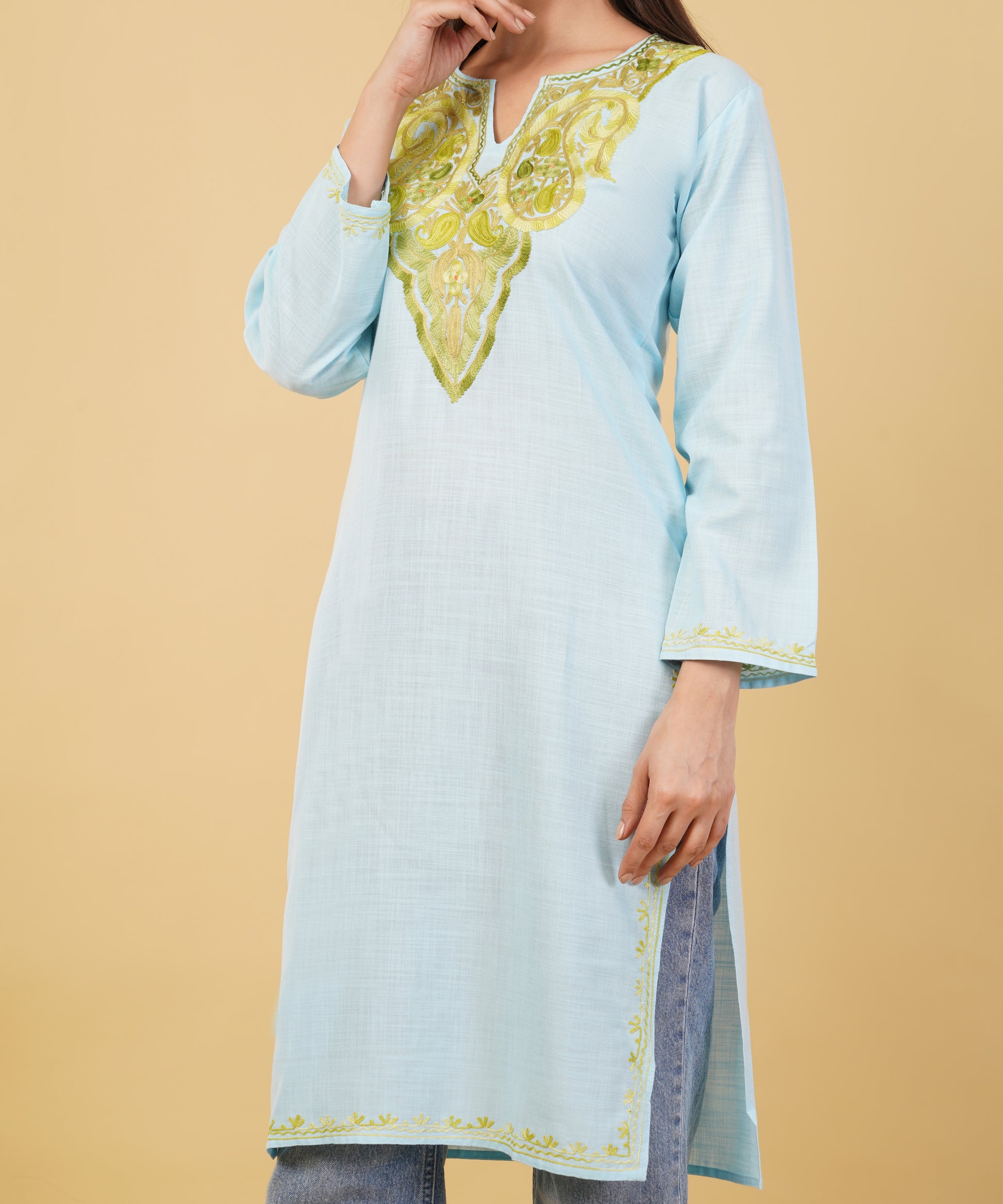 Kashmiri Aari embroidery Cotton Long Kurti Size-36 (Sky Blue)