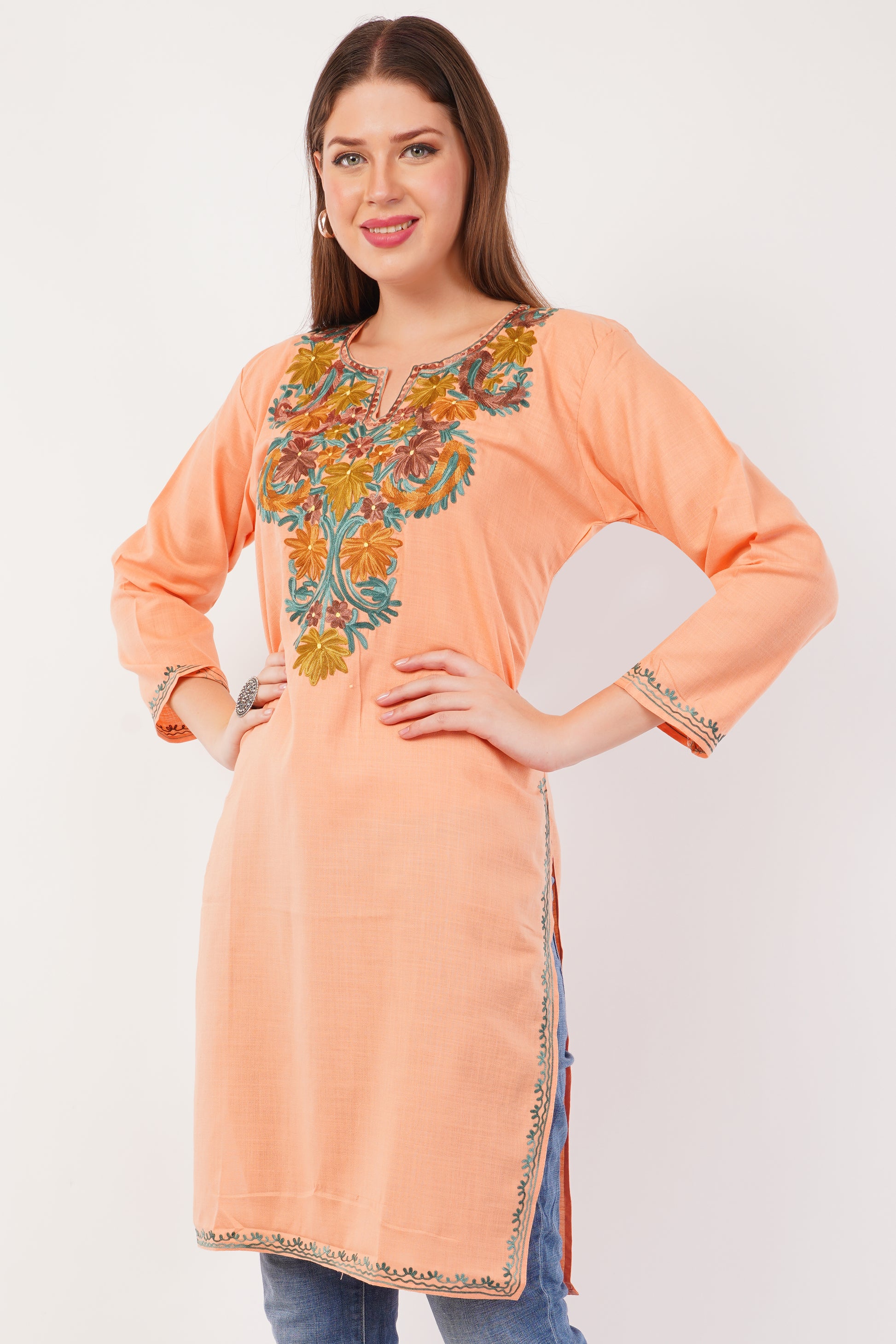 Kashmiri Aari embroidery Cotton Long Kurti Size-42 (Peach)