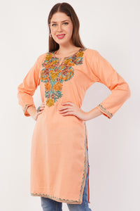 Kashmiri Aari embroidery Cotton Long Kurti Size-42 (Peach)