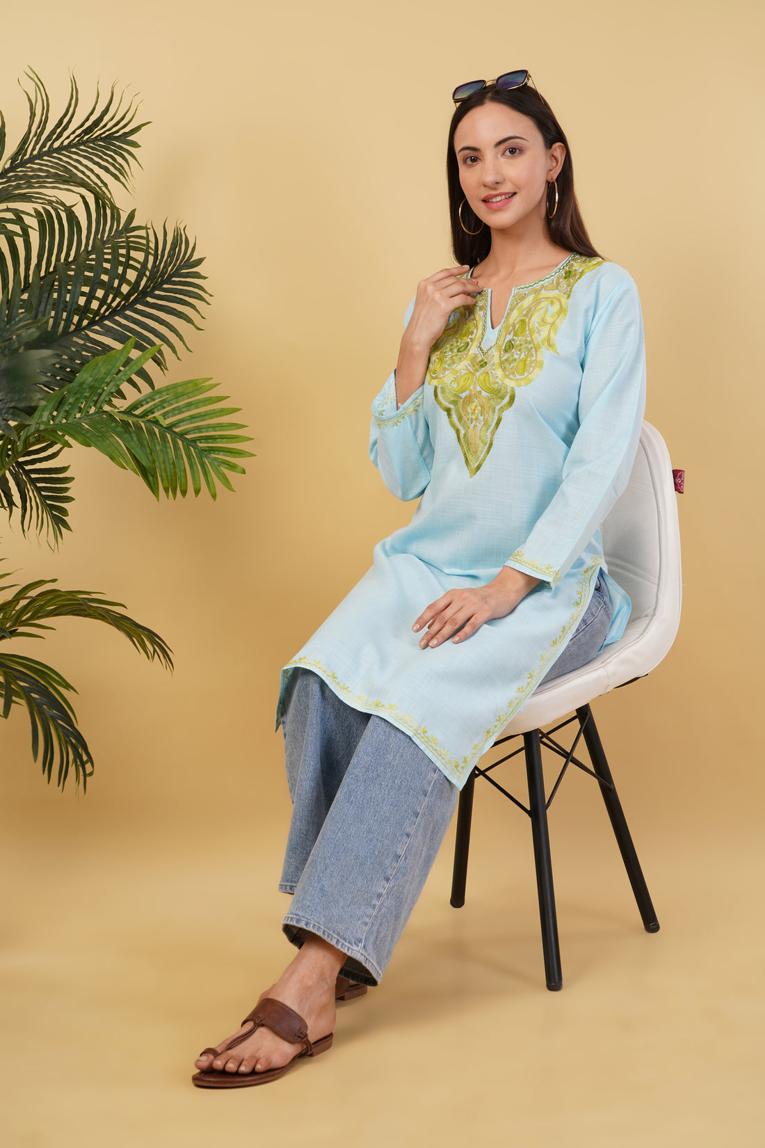 Kashmiri Aari embroidery Cotton Long Kurti Size-36 (Sky Blue)
