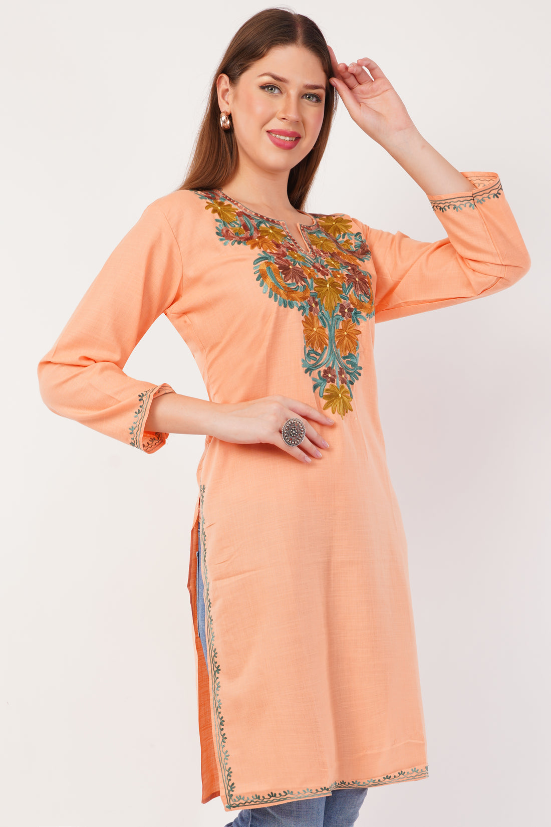 Kashmiri Aari embroidery Cotton Long Kurti Size-42 (Peach)