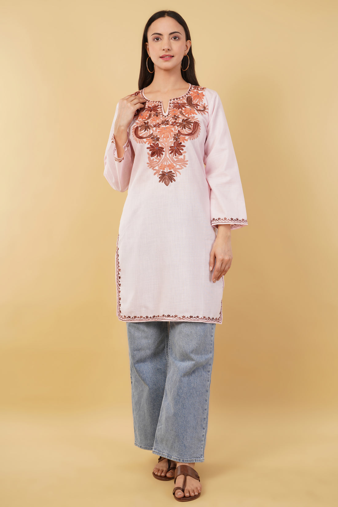 Kashmiri Aari embroidery Cotton Long Kurti Size-36 (Baby Pink)