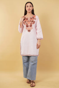 Kashmiri Aari embroidery Cotton Long Kurti Size-36 (Baby Pink)