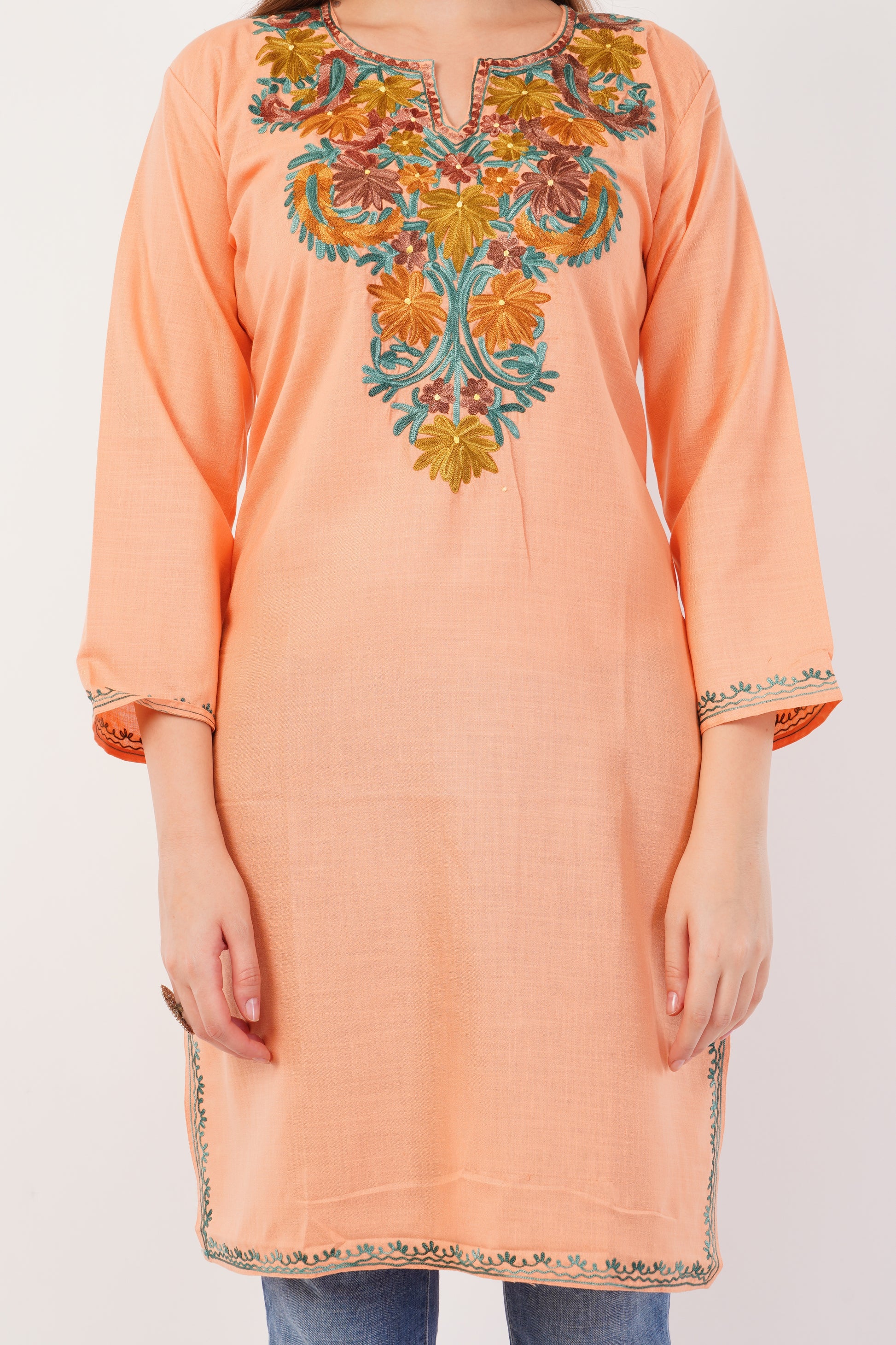 Kashmiri Aari embroidery Cotton Long Kurti Size-42 (Peach)