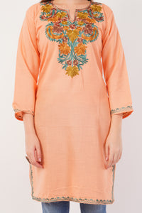 Kashmiri Aari embroidery Cotton Long Kurti Size-42 (Peach)