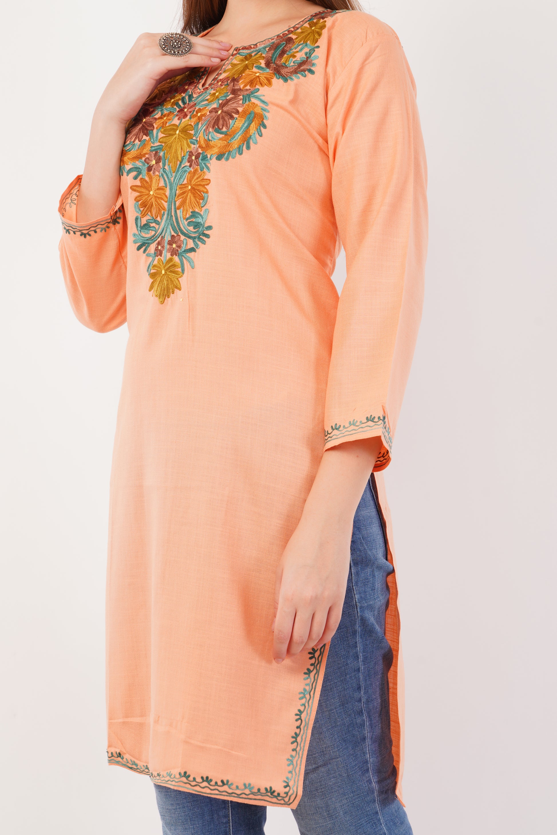 Kashmiri Aari embroidery Cotton Long Kurti Size-42 (Peach)