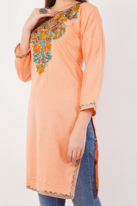 Kashmiri Aari embroidery Cotton Long Kurti Size-42 (Peach)