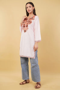 Kashmiri Aari embroidery Cotton Long Kurti Size-36 (Baby Pink)