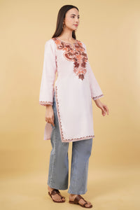 Kashmiri Aari embroidery Cotton Long Kurti Size-36 (Baby Pink)