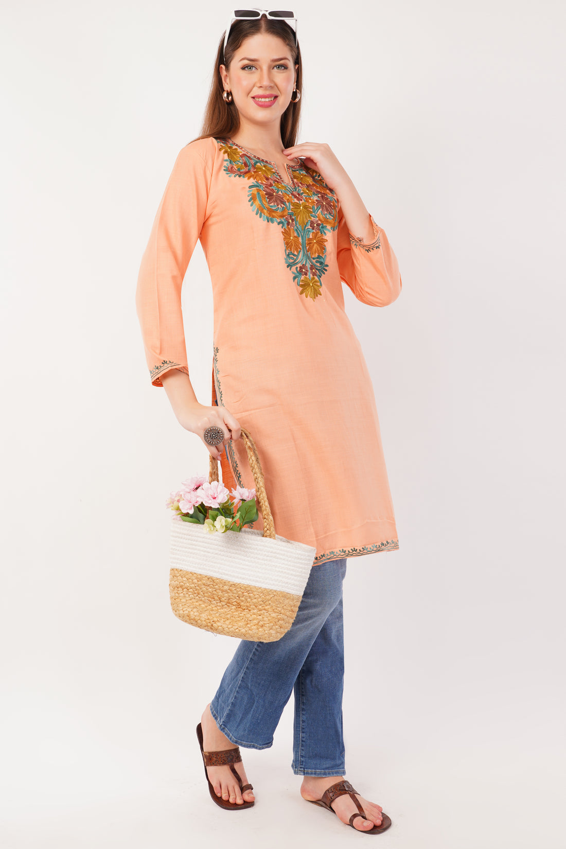 Kashmiri Aari embroidery Cotton Long Kurti Size-42 (Peach)