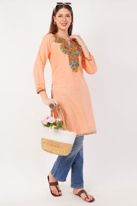 Kashmiri Aari embroidery Cotton Long Kurti Size-42 (Peach)