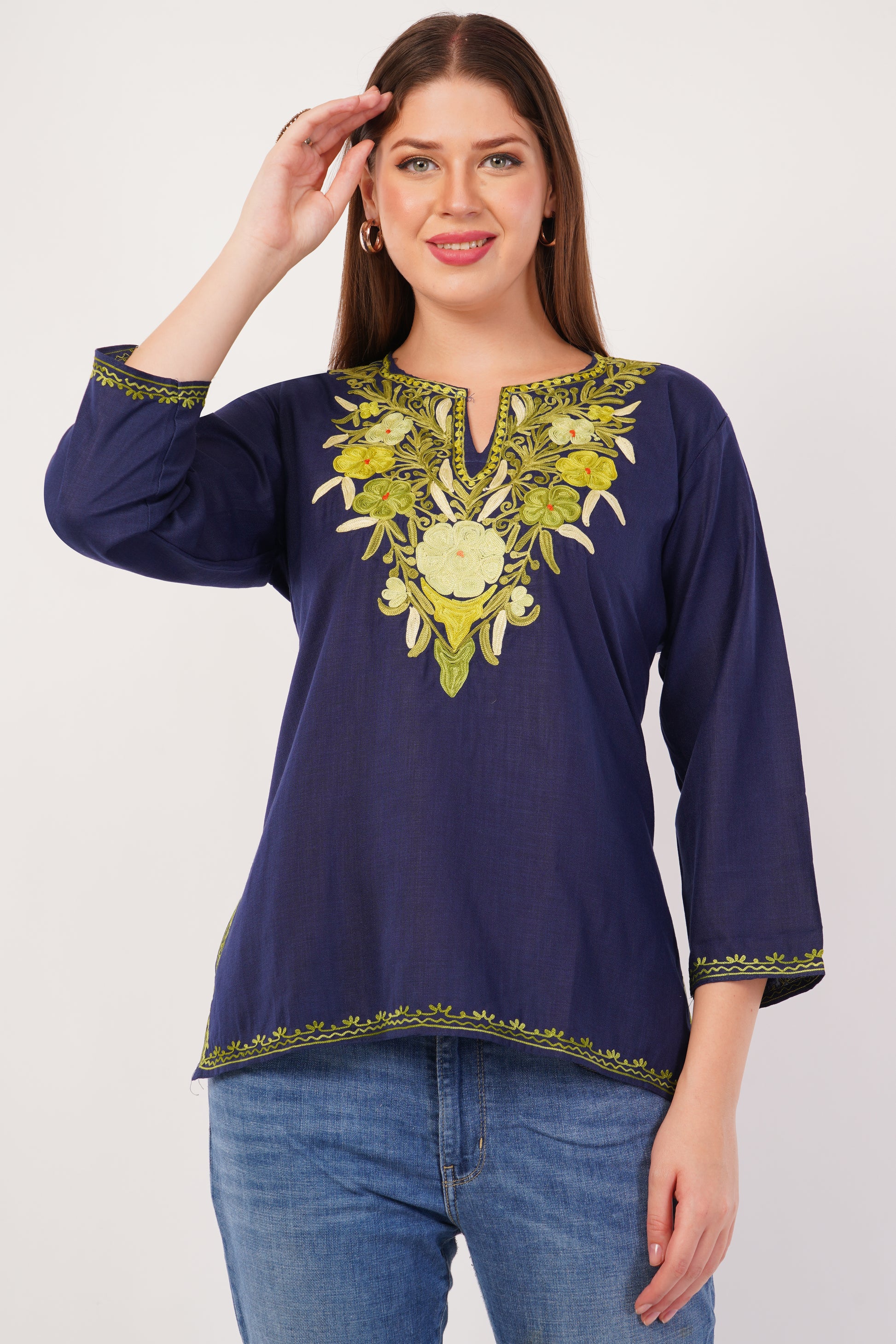 Kashmiri Aari embroidery Cotton Short Kurti Size-42(Navy Blue)