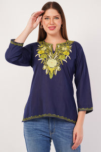 Kashmiri Aari embroidery Cotton Short Kurti Size-42(Navy Blue)