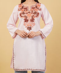 Kashmiri Aari embroidery Cotton Long Kurti Size-36 (Baby Pink)