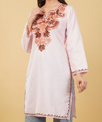 Kashmiri Aari embroidery Cotton Long Kurti Size-36 (Baby Pink)