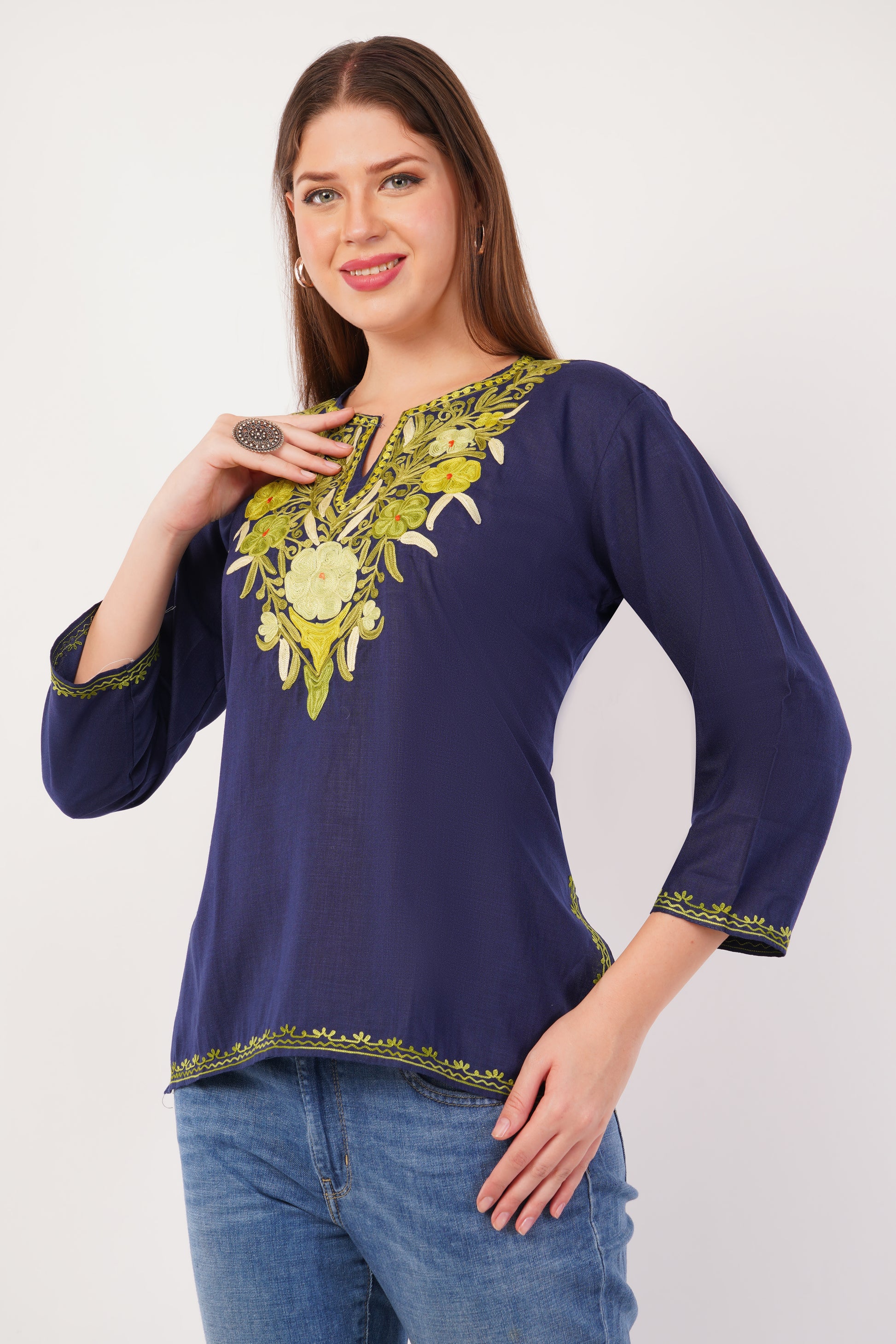 Kashmiri Aari embroidery Cotton Short Kurti Size-42(Navy Blue)