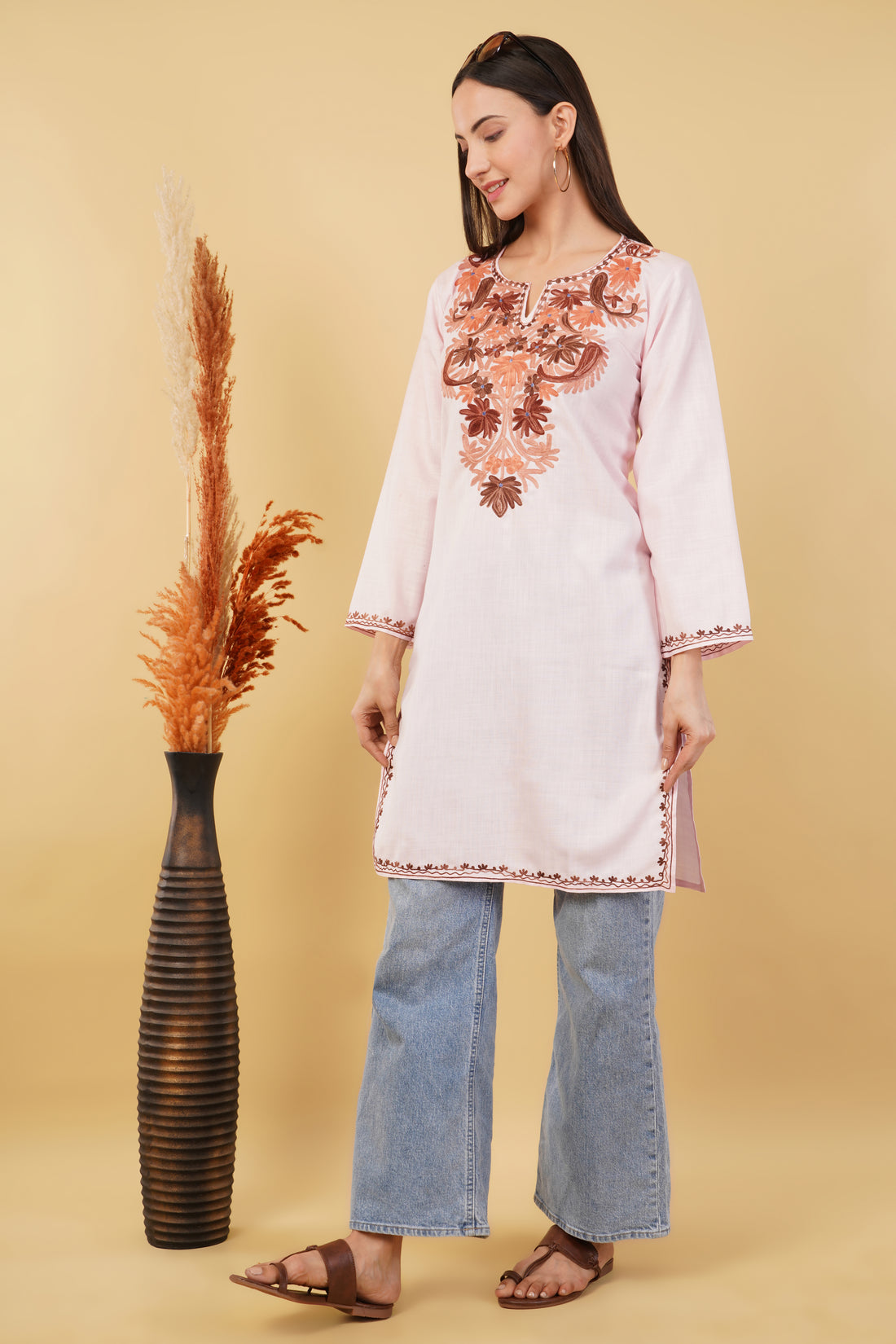 Kashmiri Aari embroidery Cotton Long Kurti Size-36 (Baby Pink)