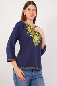 Kashmiri Aari embroidery Cotton Short Kurti Size-42(Navy Blue)