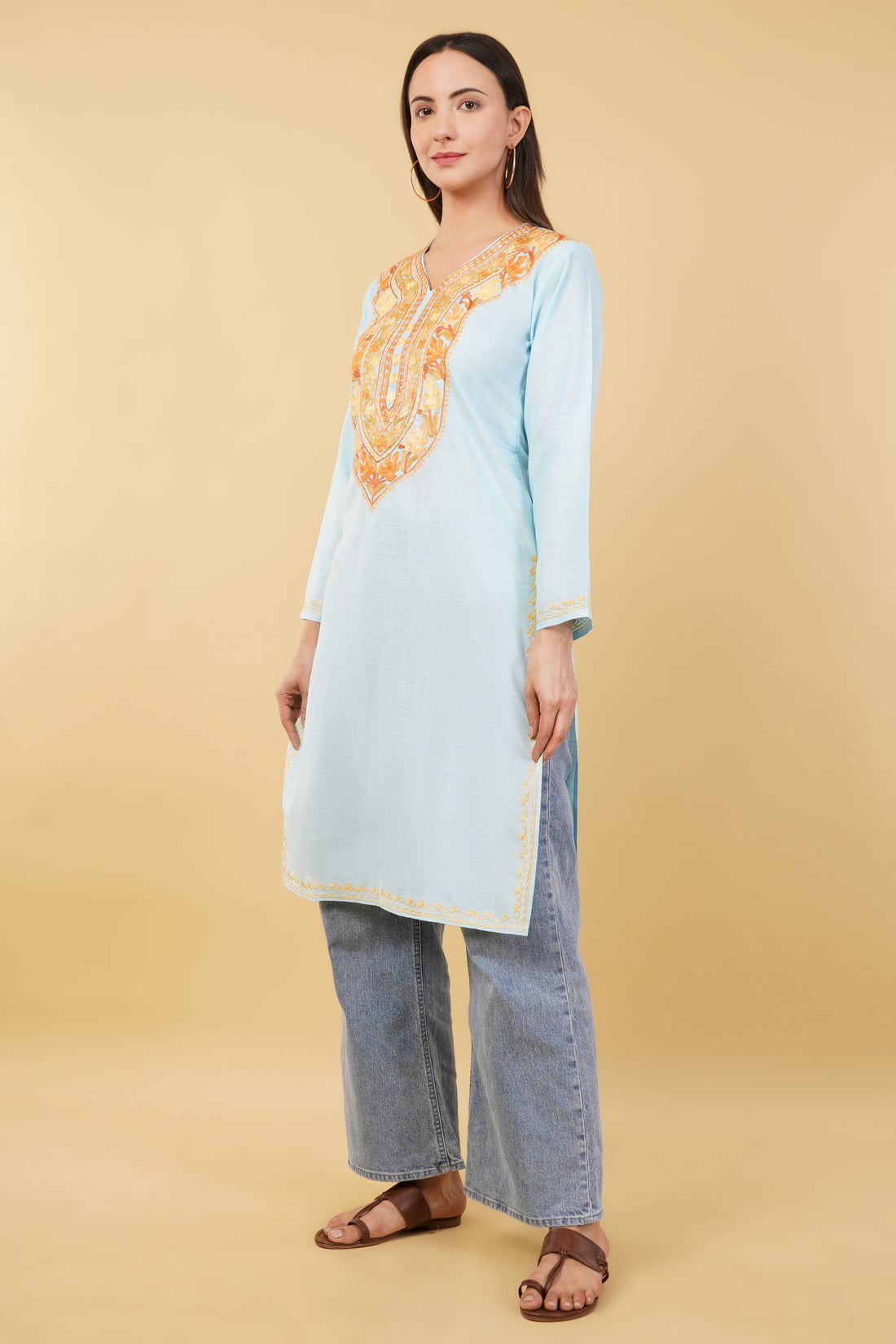 Kashmiri Aari embroidery Cotton Long Kurti Size-36 (Sky Blue)