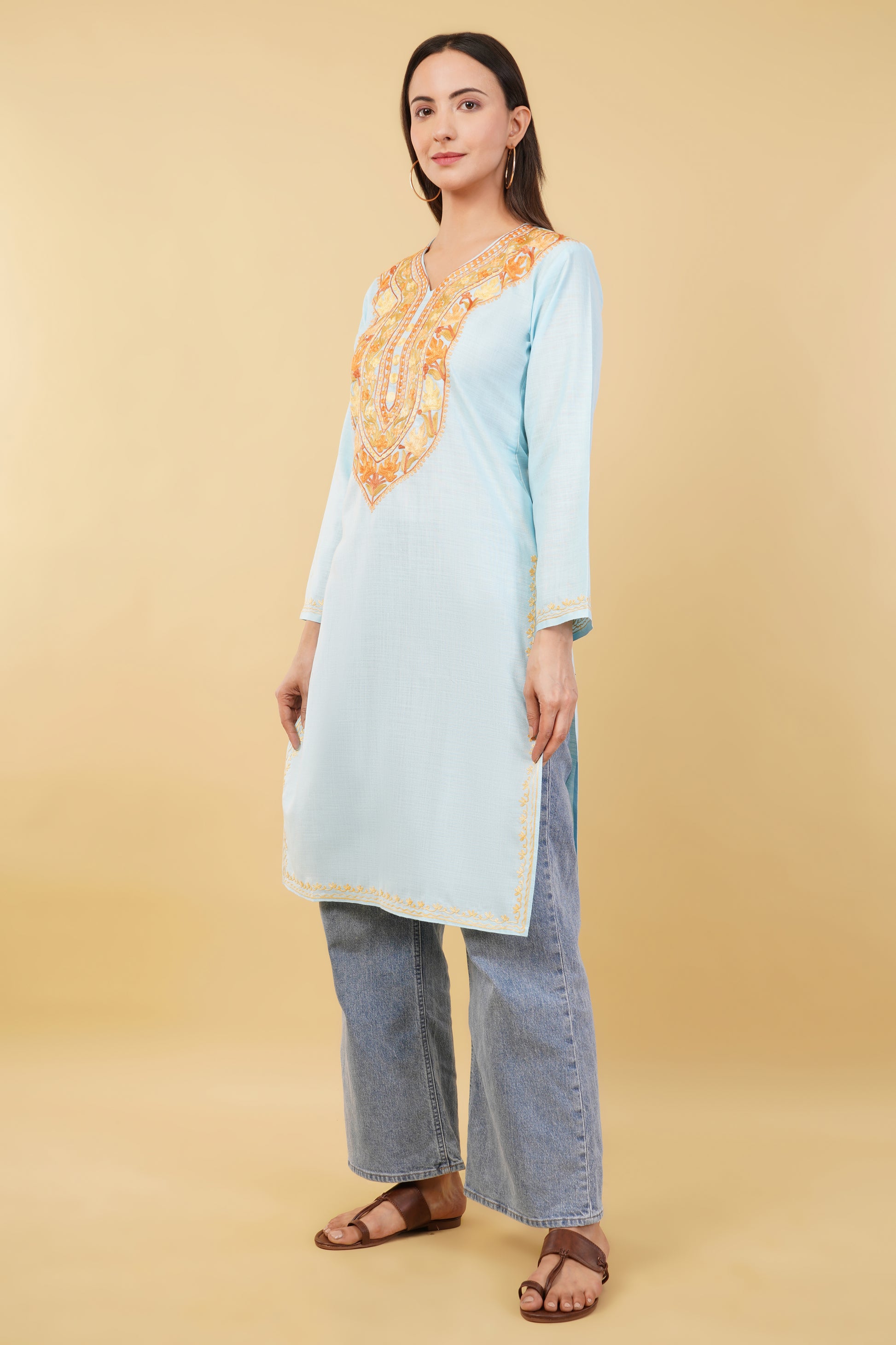 Kashmiri Aari embroidery Cotton Long Kurti Size-36 (Sky Blue)