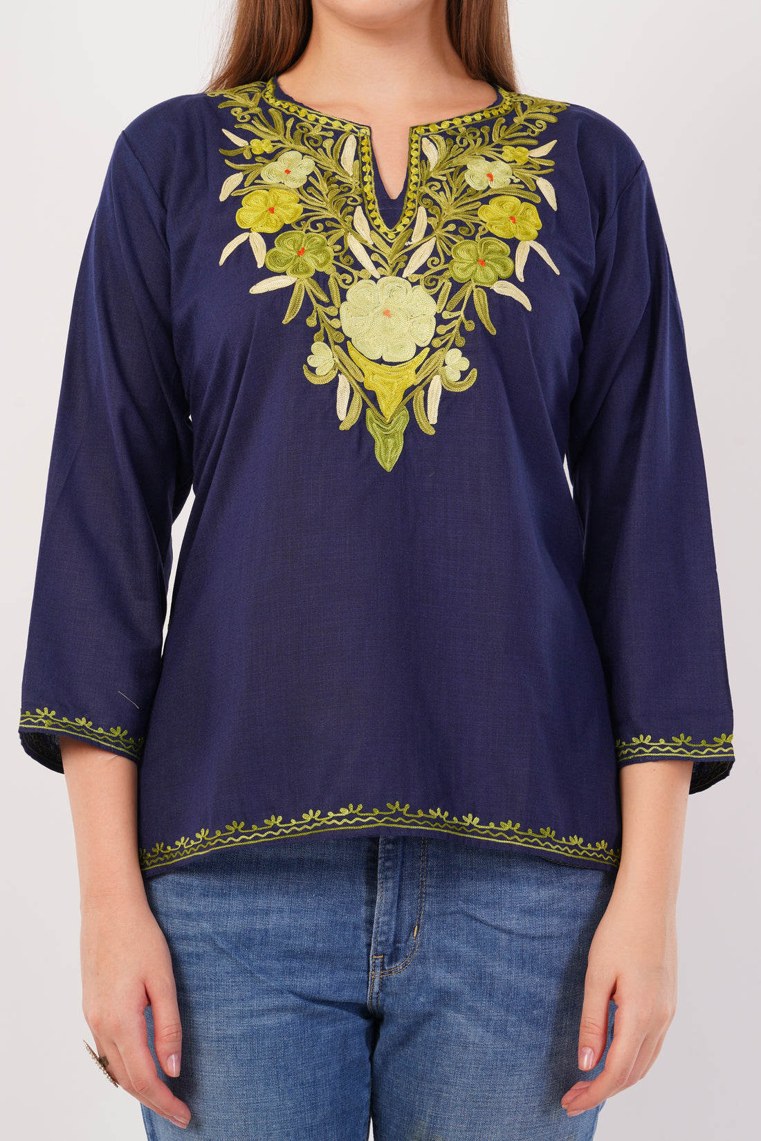 Kashmiri Aari embroidery Cotton Short Kurti Size-42(Navy Blue)