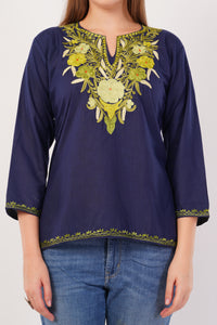 Kashmiri Aari embroidery Cotton Short Kurti Size-42(Navy Blue)