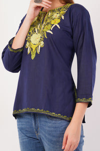 Kashmiri Aari embroidery Cotton Short Kurti Size-42(Navy Blue)