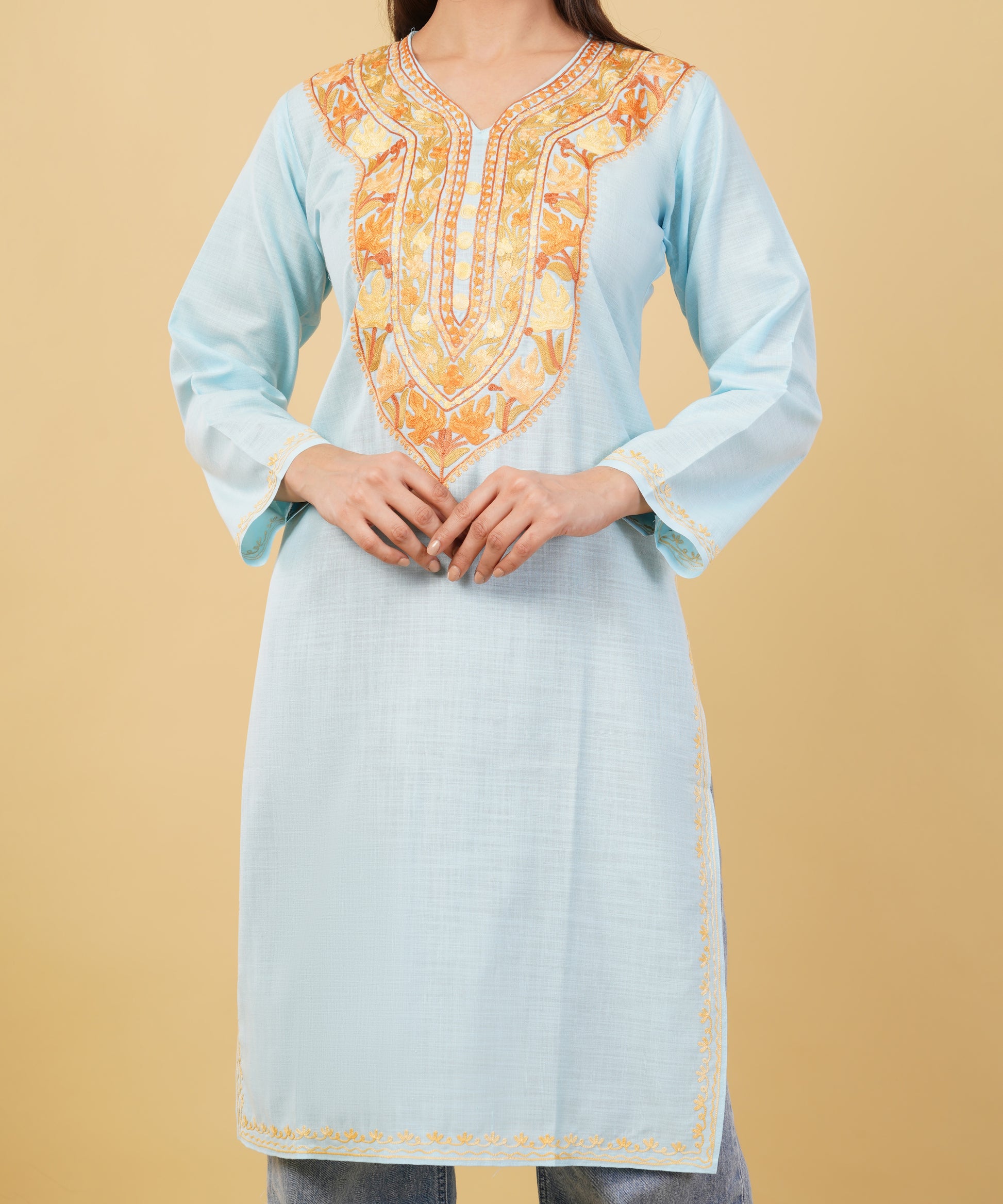 Kashmiri Aari embroidery Cotton Long Kurti Size-36 (Sky Blue)