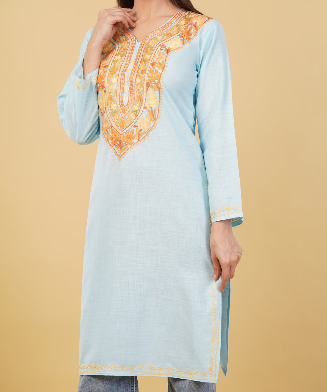 Kashmiri Aari embroidery Cotton Long Kurti Size-36 (Sky Blue)