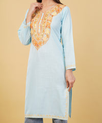 Kashmiri Aari embroidery Cotton Long Kurti Size-36 (Sky Blue)