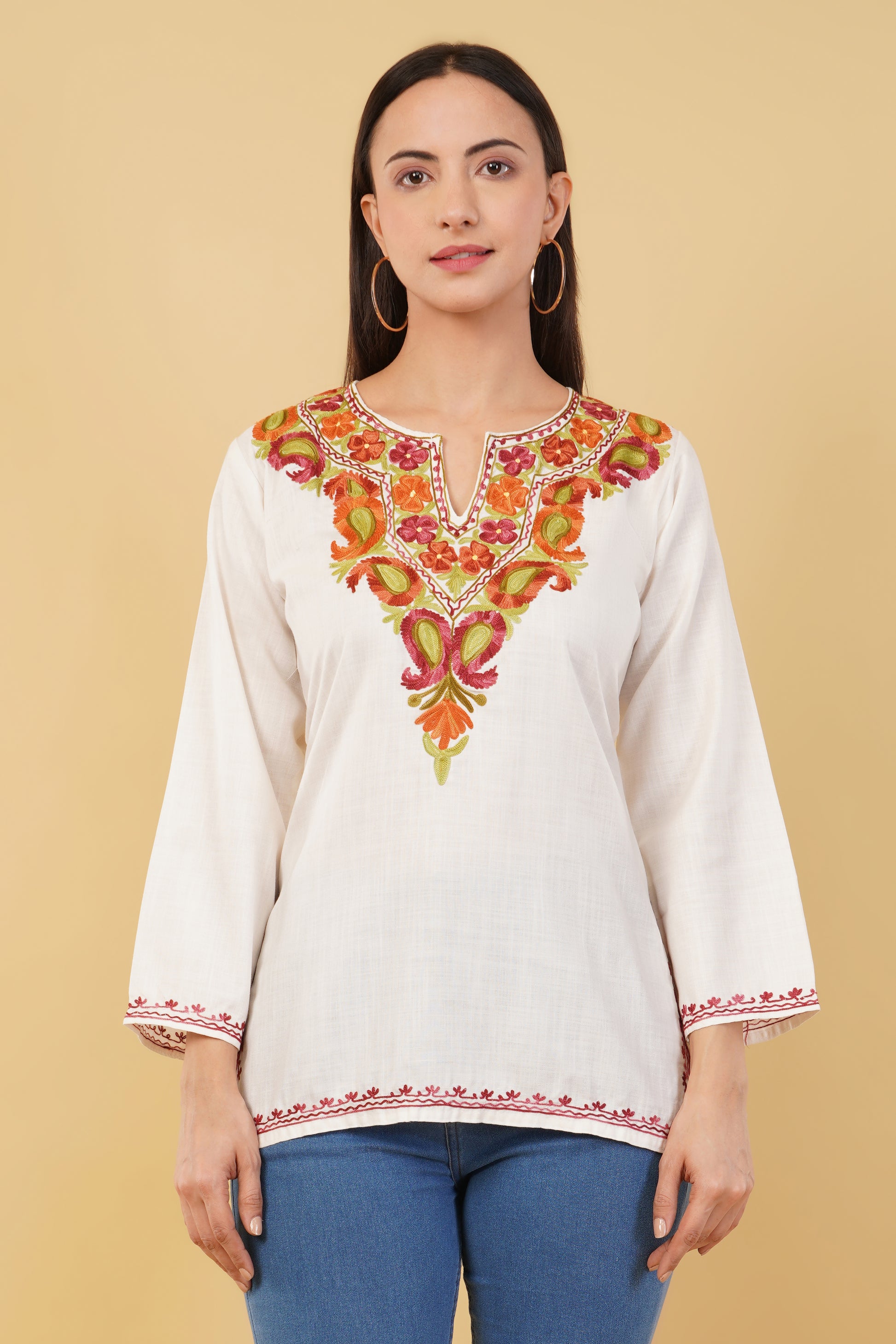 Kashmiri Aari embroidery Cotton Short Kurti Size-36 (White)