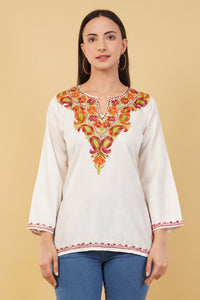 Kashmiri Aari embroidery Cotton Short Kurti Size-36 (White)
