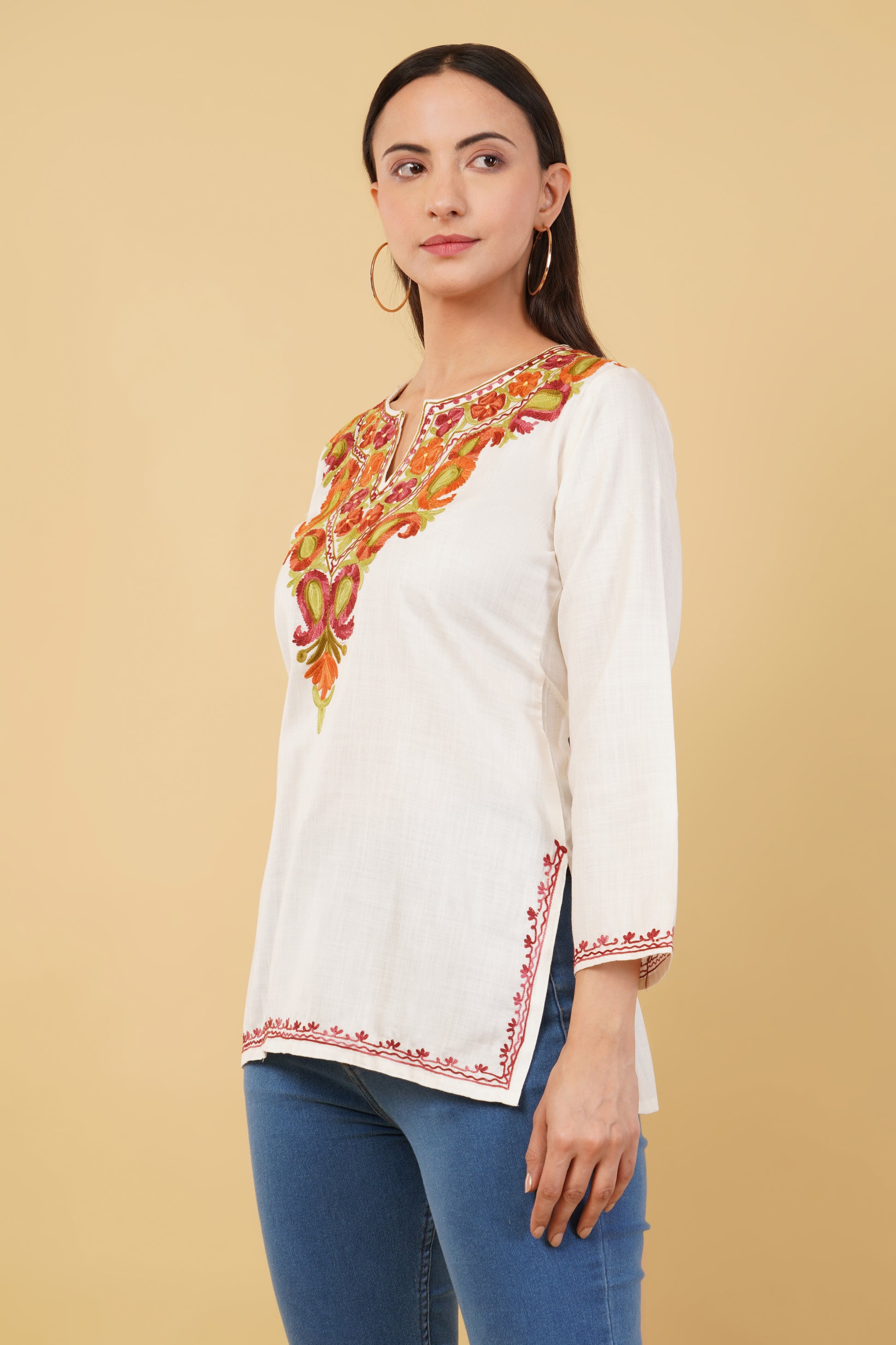 Kashmiri Aari embroidery Cotton Short Kurti Size-36 (White)