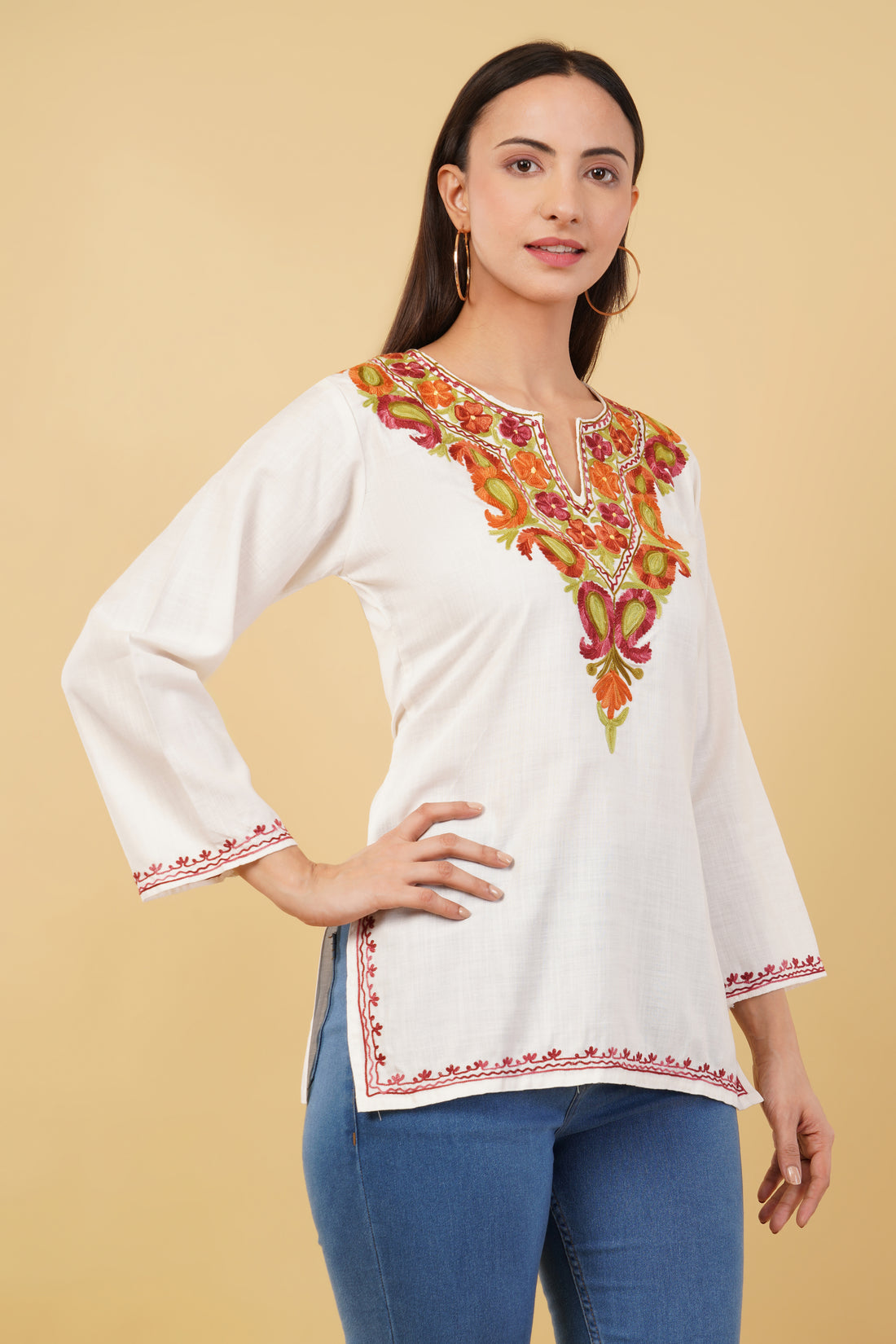 Kashmiri Aari embroidery Cotton Short Kurti Size-36 (White)
