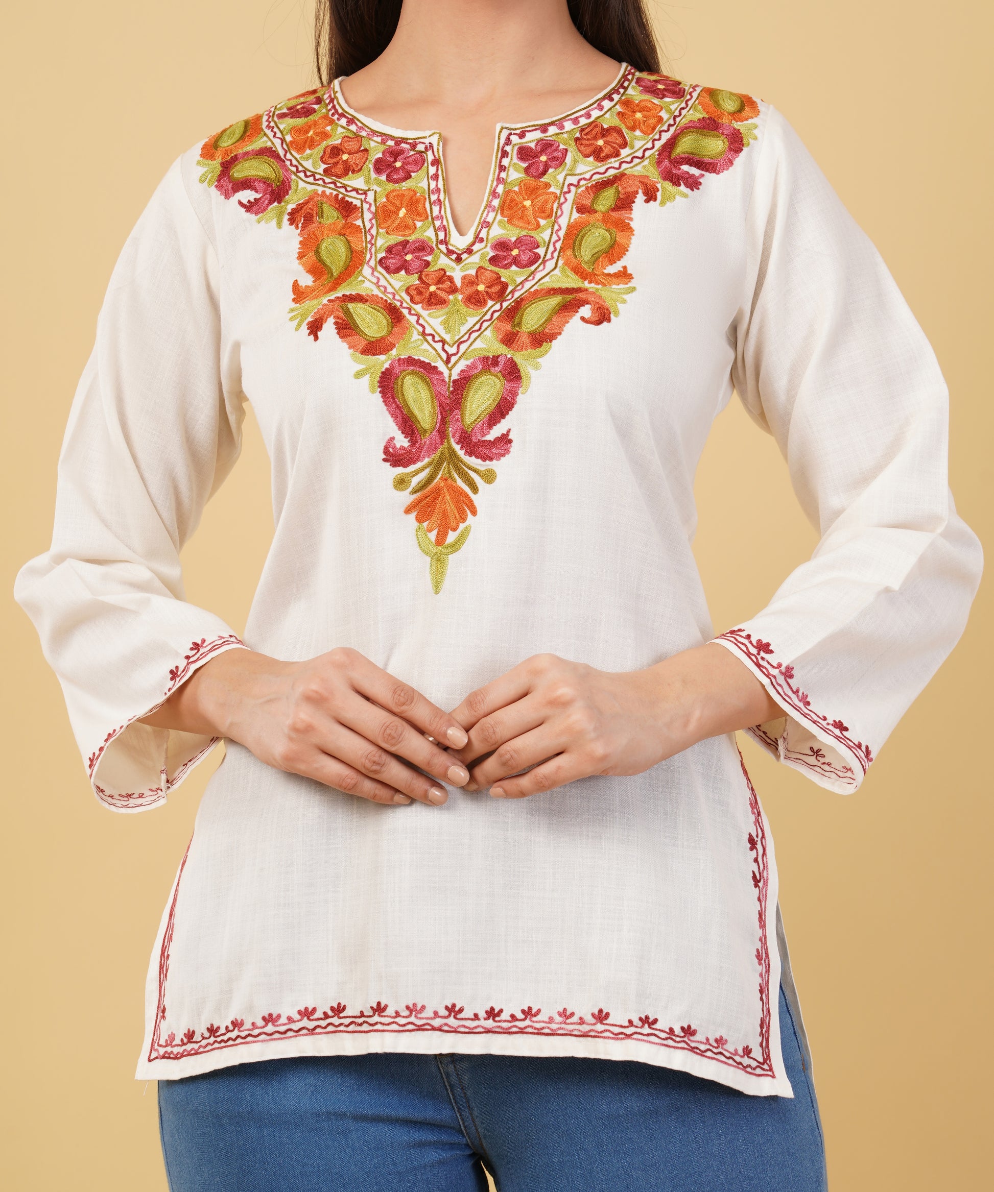 Kashmiri Aari embroidery Cotton Short Kurti Size-36 (White)