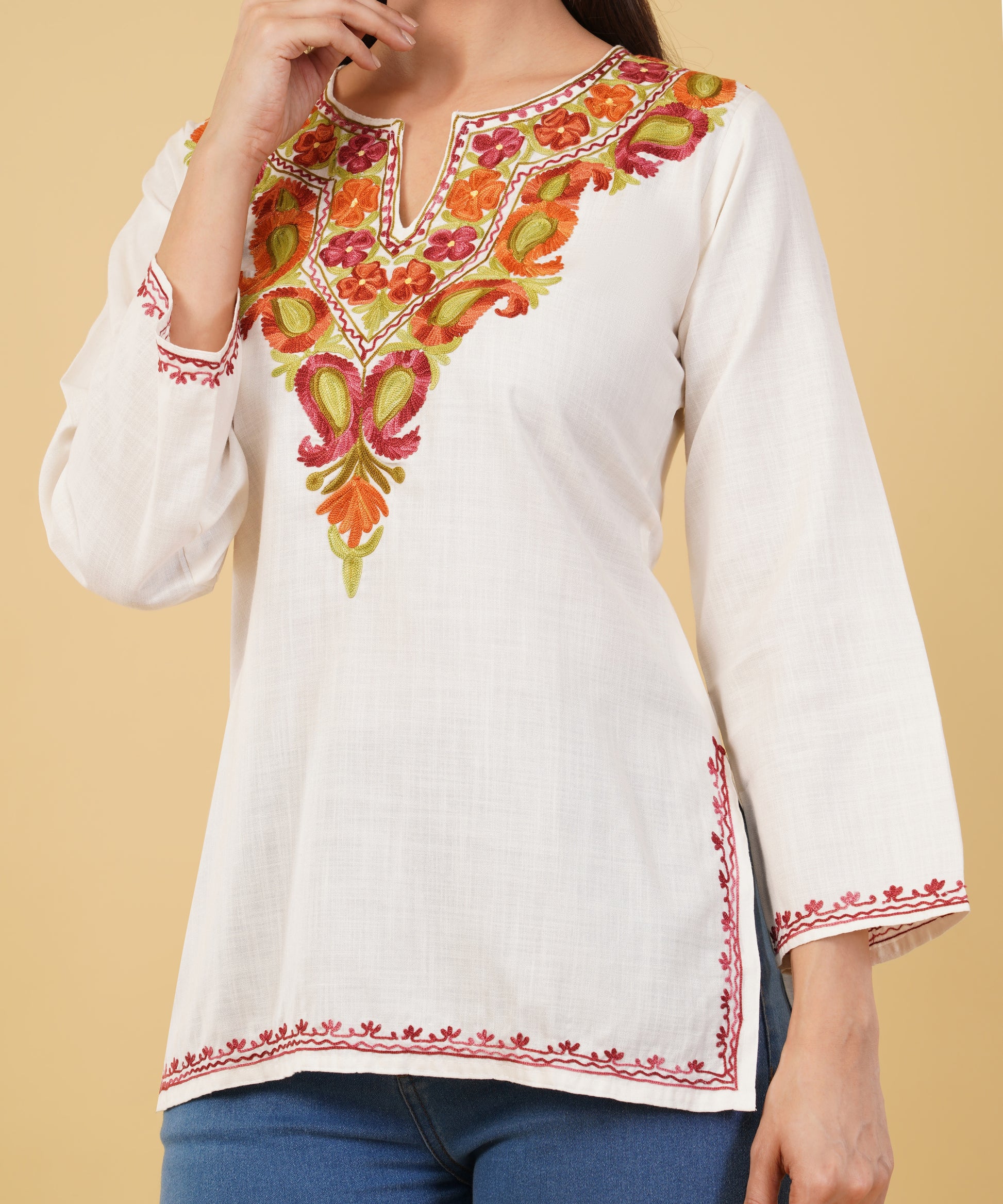 Kashmiri Aari embroidery Cotton Short Kurti Size-36 (White)