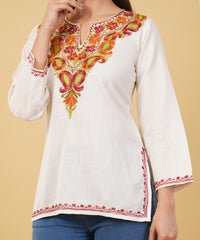 Kashmiri Aari embroidery Cotton Short Kurti Size-36 (White)